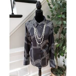 HM Blouse Womens XL Black White Geometric Print Button Front Long Sleeve